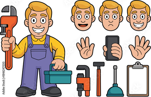Cartoon handyman character holding wrench with various facial expressions and repair tools including plunger clipboard and smartphone in a friendly flat style suitable for home improvement industry ma