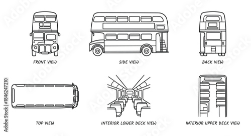 Double Decker Bus Views: Front, Side, Back, Top, and Interior Deck Outlines