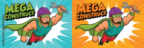colorful animated superhero character flying with a wrench and safety helmet in a dynamic comic style for kids, construction, adventure, imagination, vibrant, cartoon, playful, fantasy, energetic, sup