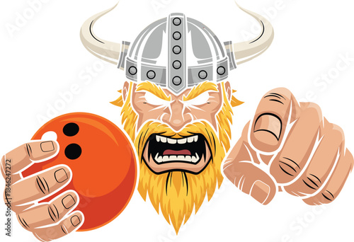 Fierce Viking warrior with a horned helmet and aggressive expression holding a bowling ball, pointing forward in a cartoon style, suitable for gaming, sports, competition, fantasy, adventure, entertai