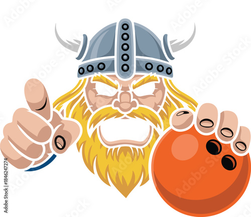 Cartoon Viking with fierce expression wearing horned helmet and holding a bowling ball, colorful illustration representing sports, gaming, competition, leisure, fun, bold characters, modern design, pl