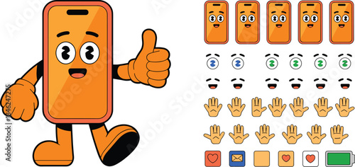 Cartoon smartphone character giving thumbs up with cheerful facial expressions and various emoticons, hand gestures, and icons for mobile app messaging, communication, social media, digital technology