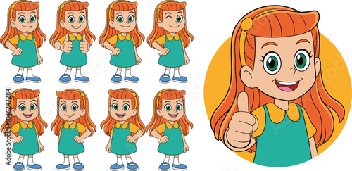 Cute animated girl character with red hair wearing a teal dress and yellow collar in various poses, cheerful expressions, cartoon style, bright colors, playful mood, ideal for children’s content, educ
