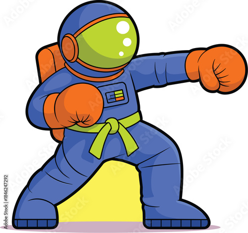 Cute cartoon astronaut in a fighting stance wearing a blue spacesuit with orange gloves and helmet, space exploration scene, futuristic technology, space adventure, vibrant colors, animated style, bol