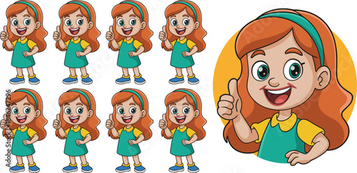 Cute cartoon red-haired girl character smiling cheerful happy showing thumbs up in playful poses colorful animated illustration for children’s entertainment education digital content marketing and adv