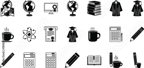 Education graduation icon set, academic study science globe books diploma calculator pencil vector collection black white illustration modern flat design