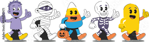 Cute cartoon kids dressed in Halloween costumes including a ghost monster mummy candy corn skeleton and pumpkin engaging in festive holiday activities on dark background for seasonal celebrations part
