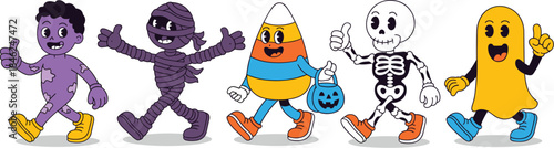 Cute Halloween baby costumes featuring children dressed as playful monsters skeletons ghosts mummies candy pumpkin characters in colorful cheerful clothing celebrating spooky holiday in festive enviro