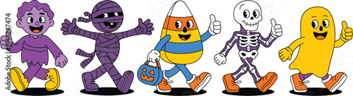 Cute cartoon children dressed in Halloween costumes including witch, mummy, candy corn, skeleton, and ghost walking together celebrating spooky holiday in playful fun colorful scene for kids themed pa