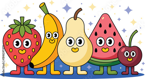 Colorful cartoon fruits with expressive faces including strawberry banana pear watermelon cherry in a lively pattern on a bright blue background for kids' products and playful illustrations