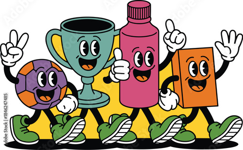 Cute animated stationery characters including a colorful soccer ball, trophy, medicine bottle, and notebook, walking happily on a vibrant yellow background, perfect for children’s educational material