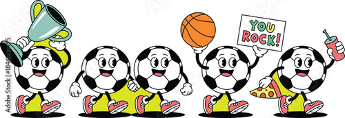 Cute animated soccer balls with faces celebrating victory and teamwork, holding trophies, basketball, pizza, drinks, and motivational signs in a playful cartoon style, vibrant colors, lively scene, pe