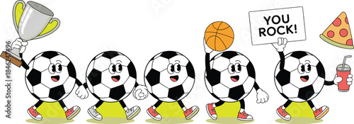 Group of cheerful cartoon soccer balls with expressive faces and arms, holding trophies, sports equipment, and snacks, demonstrating fun, teamwork, celebration, active lifestyle, and sports enthusiasm