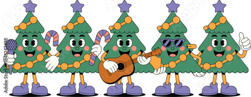 Cheerful animated Christmas trees performing festive music in a lively holiday scene with colorful lights for holiday greeting cards seasonal marketing winter celebrations joyful ambiance