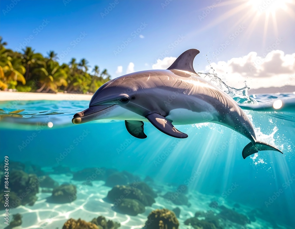 Fototapeta premium Oceanic scene with a dolphin leaping from the turquoise water