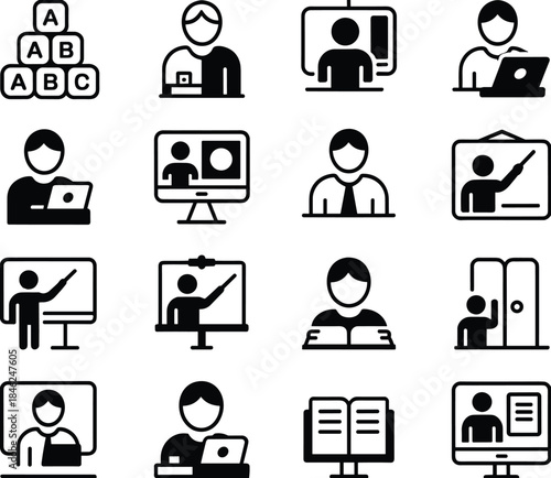 Education icons vector set, online learning teacher student classroom presentation e learning school training black white illustration modern flat design