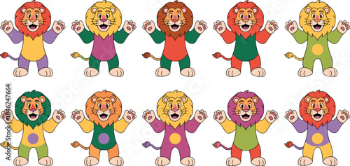Colorful cartoon lions in various vibrant costumes expressive cheerful playful characters for children's books animation educational materials marketing branding creative design and entertainment prop