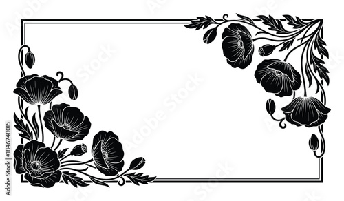 Elegant Black and White Floral Frame with Poppy Flowers Design