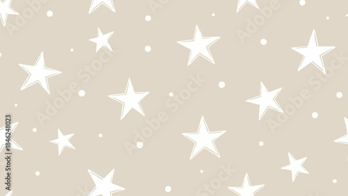 A seamless pattern of white stars and small dots on a beige background.