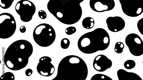 Abstract Black Droplets and Blobs on White Background, Seamless Pattern for Design