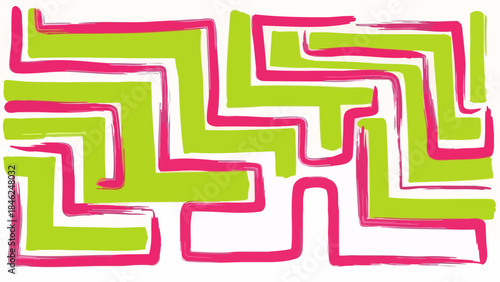 Vibrant Abstract Geometric Maze Pattern with Pink and Green Brushstrokes