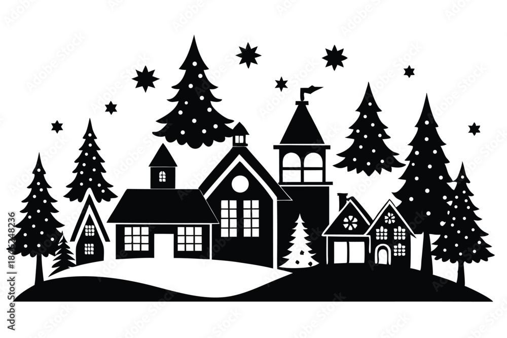 Fototapeta premium christmas village line art silhouette vector illustration