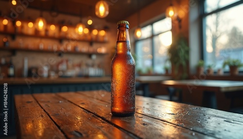 Cold craft beer bottle with condensation sits on rustic wooden table in dimly lit bar pub. Warm ambient lights create cozy atmosphere, perfect for evening relaxation casual get-together with friends
