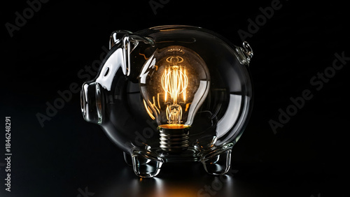 Glass piggy bank with a glowing light bulb inside on a dark background, symbolizing ideas and savings