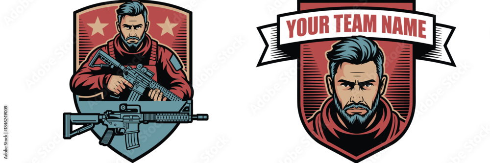 Obraz premium Stylized military-themed character illustration featuring a serious armed man with a beard and tactical gear in a shield emblem design, suitable for branding, gaming, sports team logos, and military-i