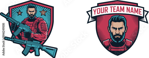 Heroic soldier with tactical gear holding rifles in intense combat stance, digital art illustration for military, defense industry, security, team branding, action scenes, patriotic themes, modern des