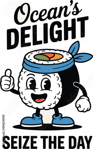 Cute cartoon sushi character with smiling face, wearing blue headband and sneakers, giving thumbs up, promoting delicious ocean-inspired cuisine, freshness, healthy eating, fun food, modern design, pl