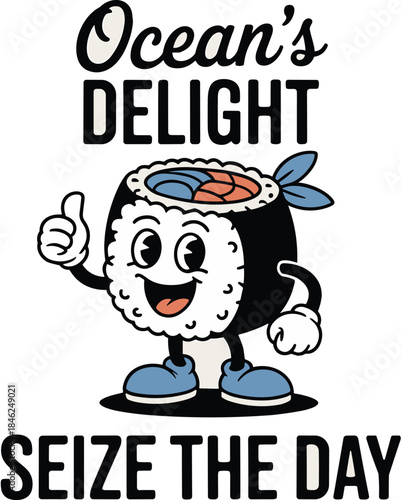 Cute cartoon sushi roll character with smiling face giving thumbs up and wearing blue shoes, promoting Japanese cuisine and healthy eating, vibrant colors, playful illustration for restaurant marketin