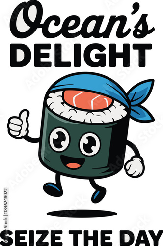 Adorable cartoon sushi character with blue bandana giving thumbs up for ocean's delight, seafood cuisine, fresh fish, Japanese food, healthy eating, playful mascot, colorful, modern illustration, char