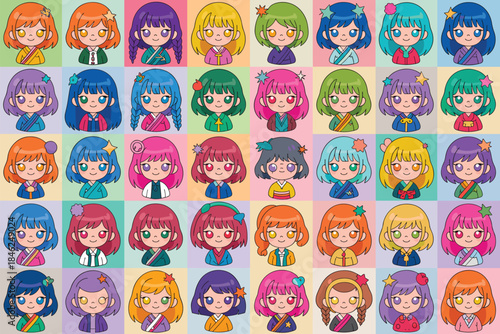 Collection of colorful kawaii girl characters with diverse hairstyles and outfits, cheerful expressions, vibrant pastel backgrounds, for use in children's media, fashion, social media, advertising, ed