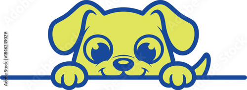 Cute puppy illustration with playful personality peeking over a surface in a modern minimalistic style on a vibrant yellow background suitable for pet adoption campaigns marketing websites or children