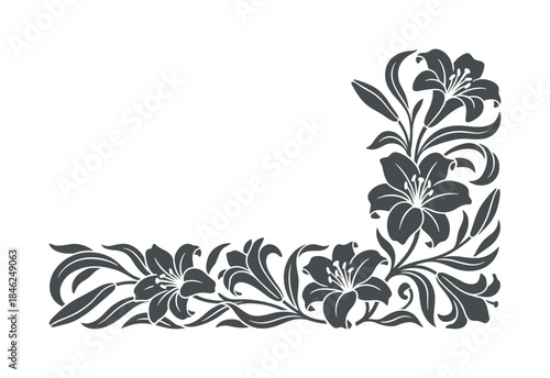Elegant Floral Corner Ornament with Gray Lily Flowers and Leaves Design