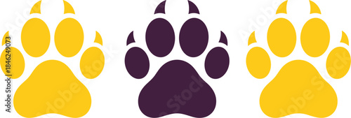 Colorful animal paw prints in shades of yellow and purple on white background symbolizing wildlife, nature, pets, animal friends, veterinary care, outdoor adventure, environmental conservation, organi