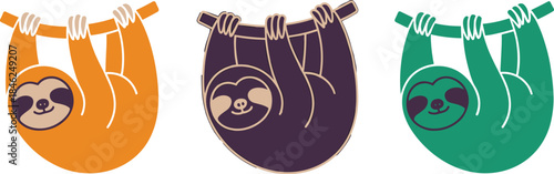 Playful cartoon-style sloth swinging from tree branch in vibrant colors, minimalist line art illustration on dark background ideal for nature conservation awareness, cute wildlife art, kids' decor, ec