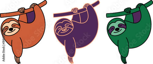Cute sloth hanging from tree branch illustration with different color styles modern design minimalistic artwork for nature conservation tropical jungle wildlife habitat animal protection eco-friendly