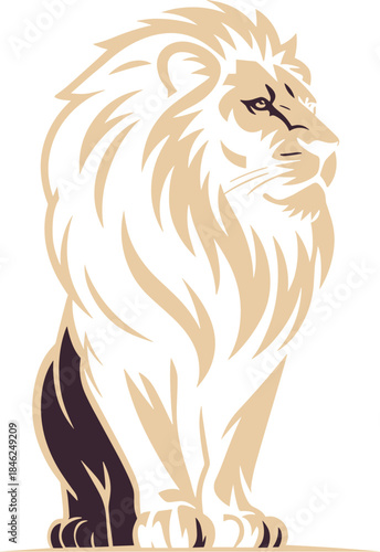 Powerful majestic lion illustration full-body profile in beige color on dark background representing strength leadership and courage for marketing branding tattoo art logo or sports themes