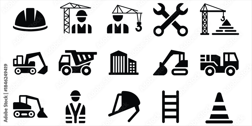 Fototapeta premium Collection of construction industry icons on a white background Keywords: construction, icon, symbol, industry, building, crane