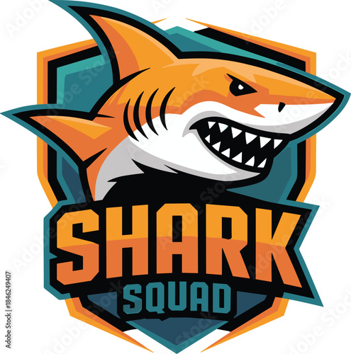 Aggressive shark mascot logo design with fierce expression and sharp teeth for sports team emblem or esports branding, modern illustration in vibrant orange and navy blue colors, suitable for gaming,