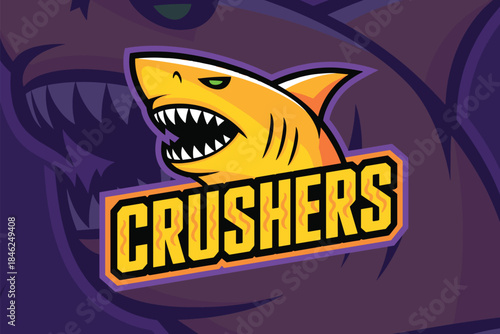 Fierce cartoon shark mascot representing a competitive sports team called Crushers with aggressive expression, bold colorful logo, dynamic design, modern illustration style, vibrant colors, digital ar