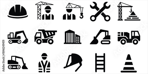 Collection of construction industry icons on a white background Keywords: construction, icon, symbol, industry, building, crane