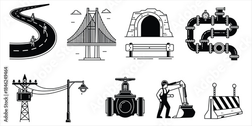 Collection of construction and infrastructure icons including road, bridge, tunnel, pipes Keywords: construction, infrastructure