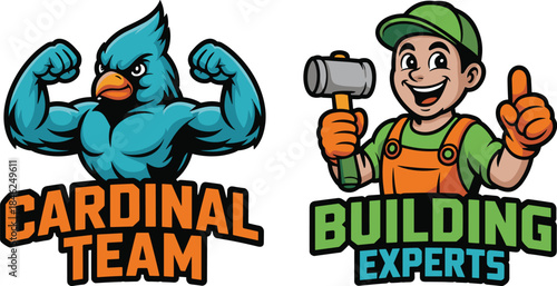 Colorful cartoon mascot of a muscular blue cardinal bird representing a sports or team logo, alongside cheerful construction worker character in safety helmet holding a hammer, ideal for branding in s