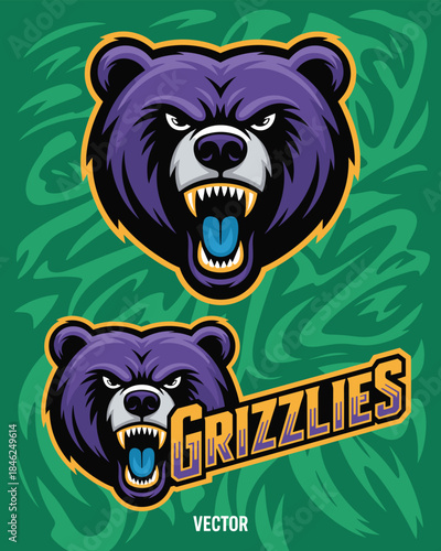 Dynamic fierce grizzly bear mascot head logo design with aggressive expression, detailed fur, sharp teeth, intense eyes, for sports teams, esports branding, apparel, merchandise, modern style with bol