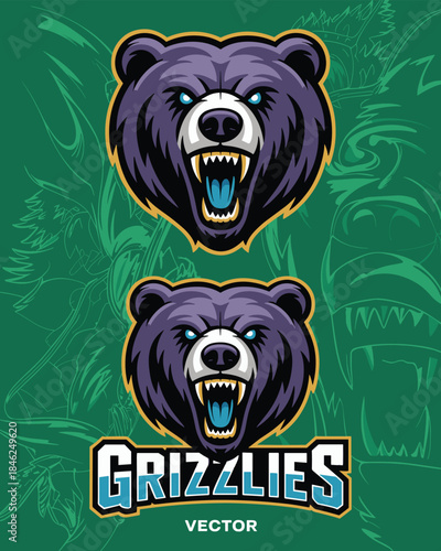 Aggressive roaring grizzly bear mascot logo design for sports teams, branding, gaming, apparel, merchandise, and esports with bold colors, fierce expression, dynamic composition, modern illustration s