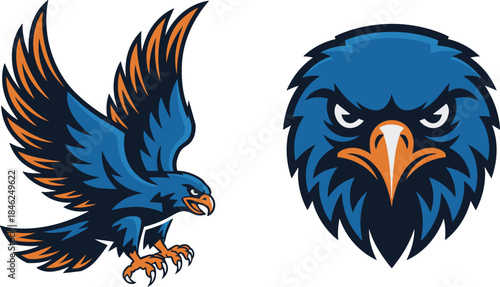 Dynamic graphic of an aggressive blue and orange eagle head and fierce flying hawk mascot emblem design for sports teams, band logos, wildlife conservation, all-weather apparel, digital branding, mode