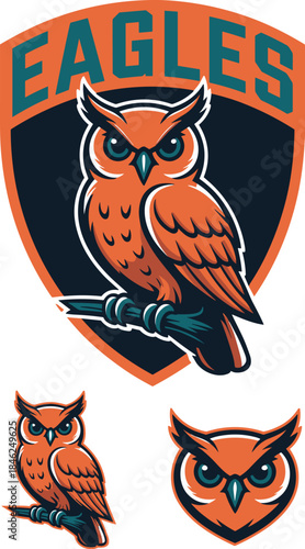 Bold and modern eagle mascot logo featuring an intense from face design with sharp eye details in vibrant orange and navy blue color scheme suitable for sports teams, gaming communities, apparel brand